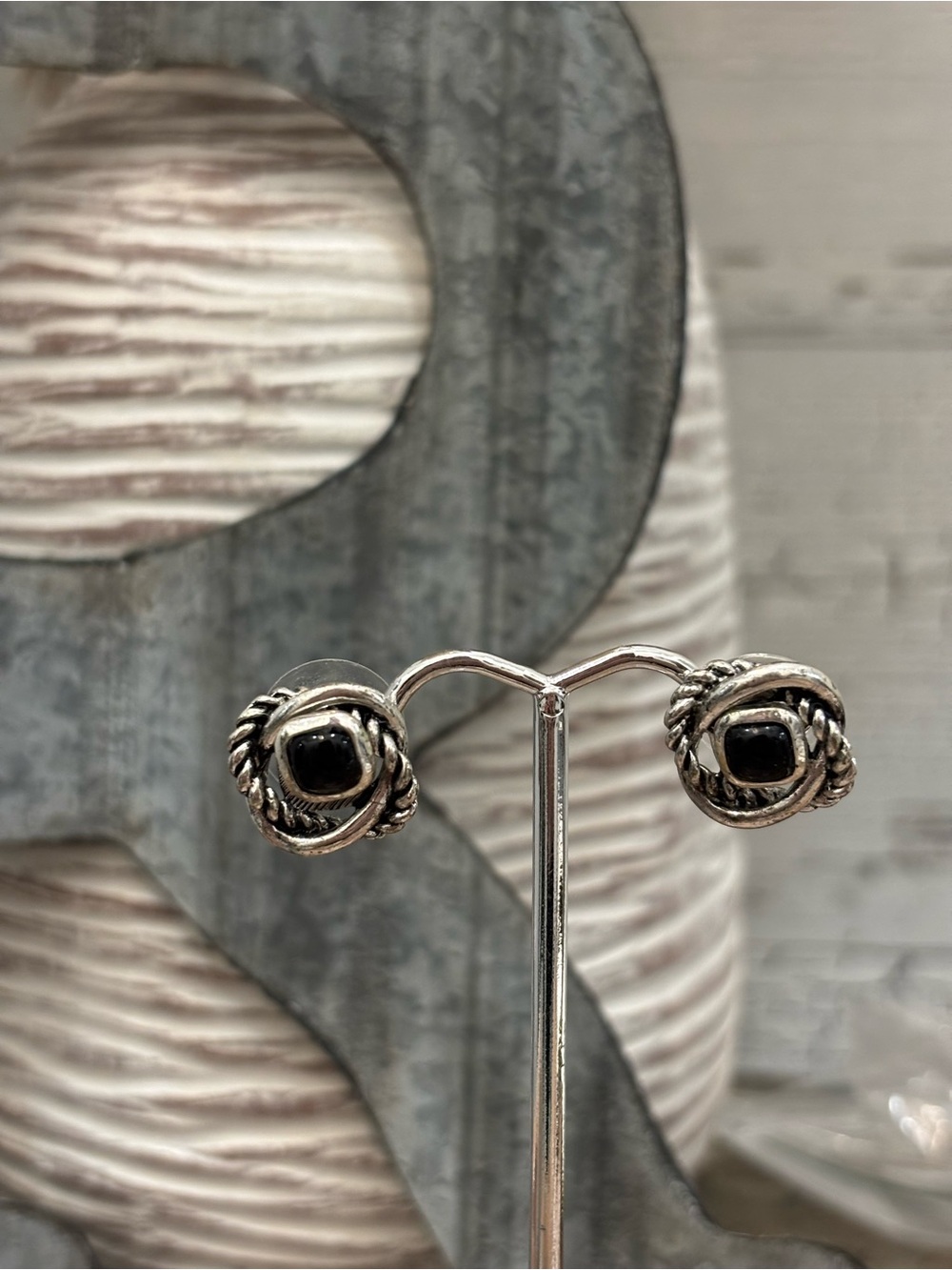 Rope Knot Silver & Black Stone Stud Earrings